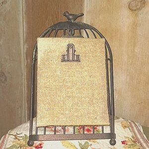 BirdCage Metal & Burlap Message Center or Photo Frame Holder Vintage